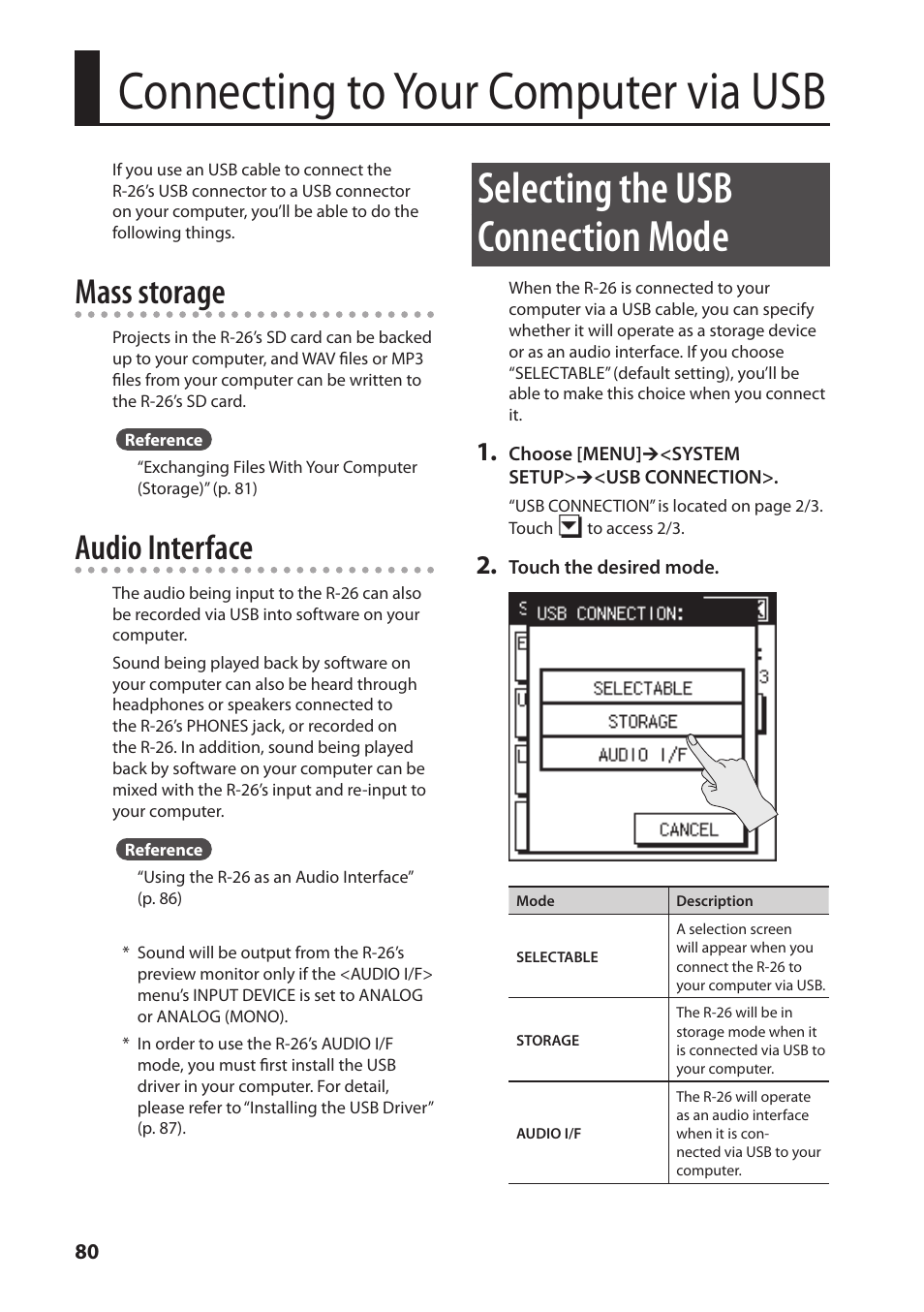 Connecting to your computer via usb, Selecting the usb connection mode, Mass storage | Audio interface | Roland Portable Recorded R-26 User Manual | Page 80 / 112