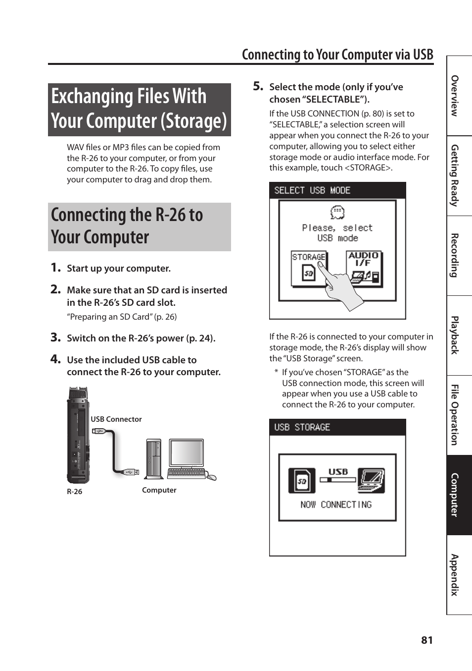 Yback (p. 81), Exchanging files with your computer, Storage)” (p. 81) | Exchanging files with your computer (storage), Connecting the r-26 to your computer, Connecting to your computer via usb | Roland Portable Recorded R-26 User Manual | Page 81 / 112