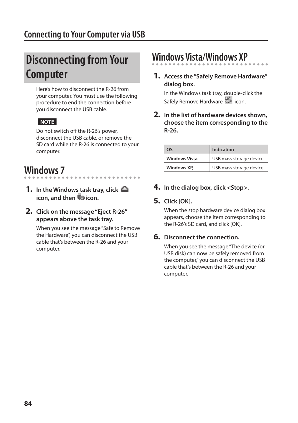 Disconnecting from your computer, Windows 7, Windows vista/windows xp | Connecting to your computer via usb | Roland Portable Recorded R-26 User Manual | Page 84 / 112