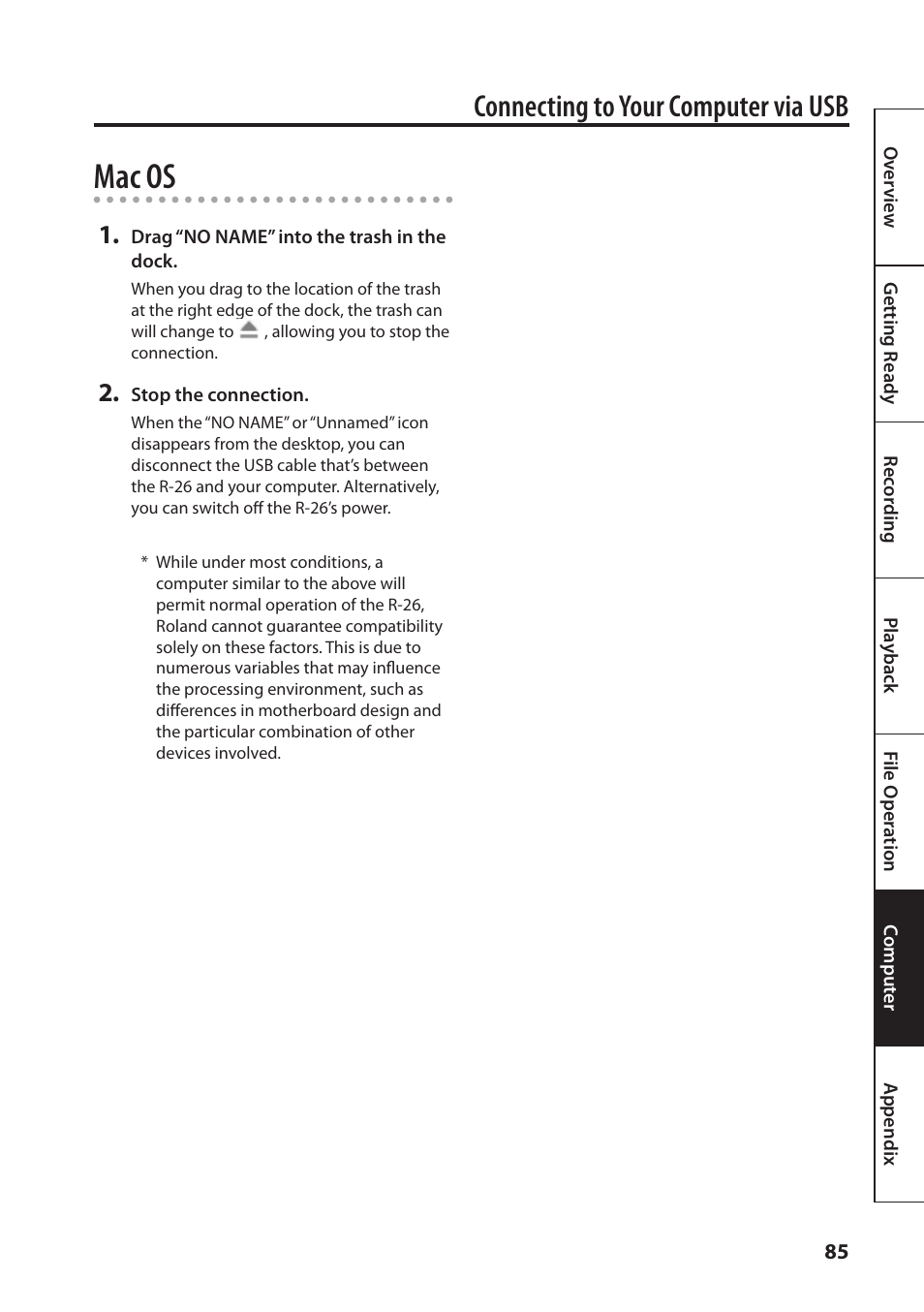 Mac os, Connecting to your computer via usb | Roland Portable Recorded R-26 User Manual | Page 85 / 112