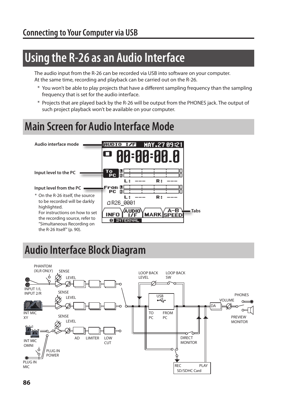 E (p. 86, Using the r-26 as an audio interface, P. 86) | Main screen for audio interface mode, Audio interface block diagram, Connecting to your computer via usb | Roland Portable Recorded R-26 User Manual | Page 86 / 112