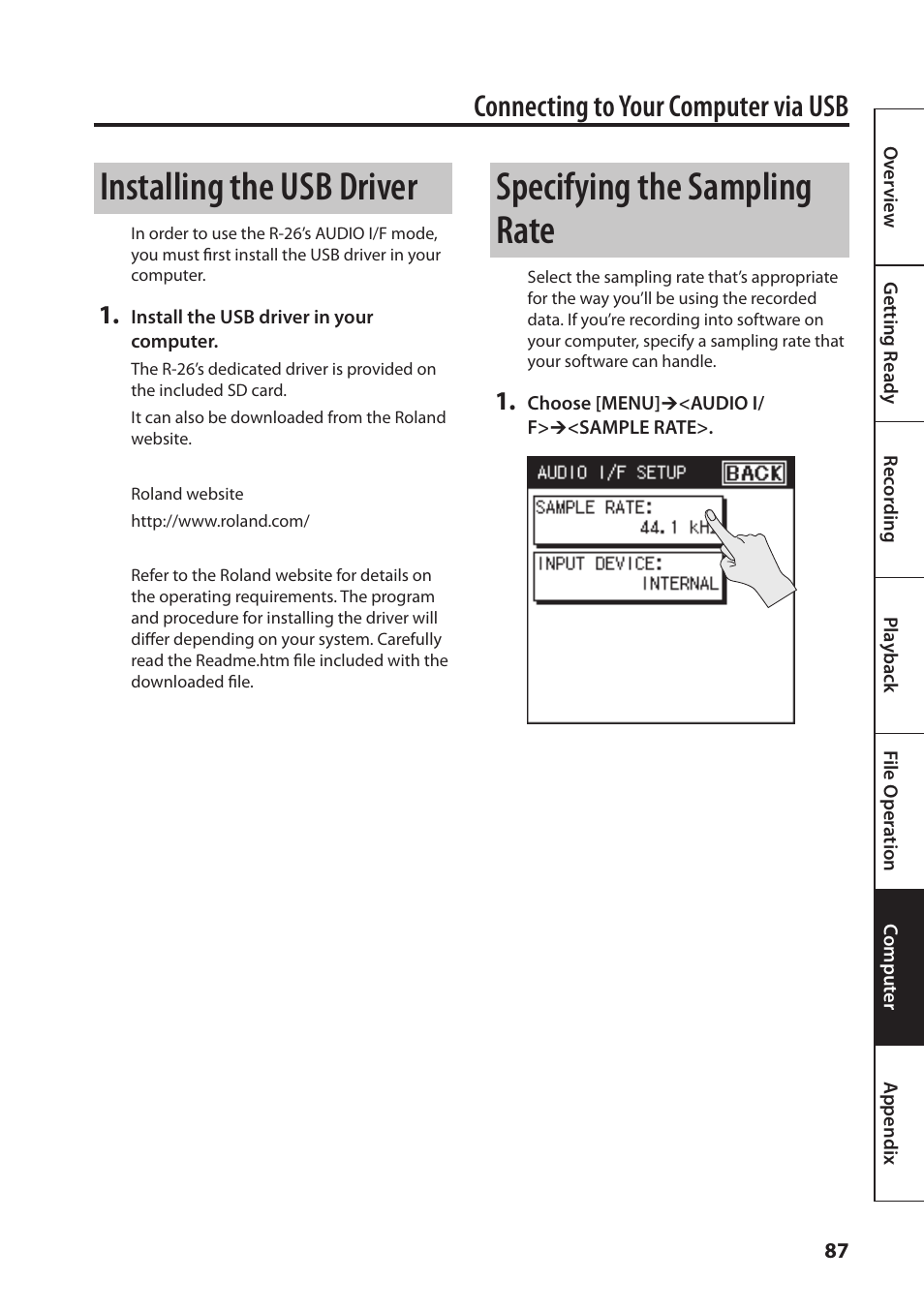 O “installing the usb driver, P. 87), Installing the usb driver | Specifying the sampling rate, Connecting to your computer via usb | Roland Portable Recorded R-26 User Manual | Page 87 / 112