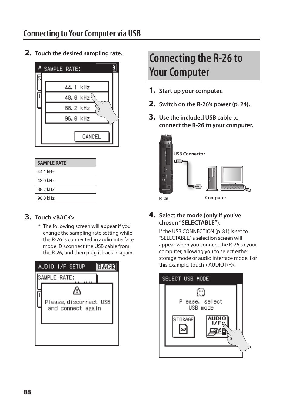 Connecting the r-26 to your computer, Connecting to your computer via usb | Roland Portable Recorded R-26 User Manual | Page 88 / 112