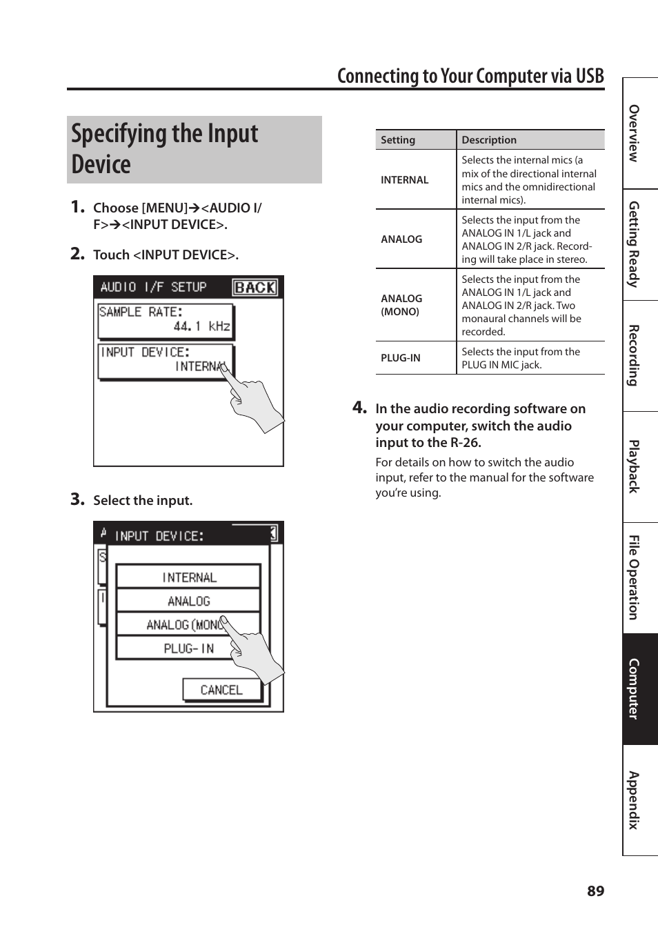 Specifying the input device, Connecting to your computer via usb | Roland Portable Recorded R-26 User Manual | Page 89 / 112