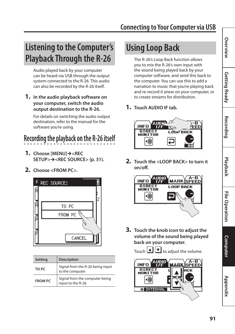 Using loop back, Recording the playback on the r-26 itself, Connecting to your computer via usb | Roland Portable Recorded R-26 User Manual | Page 91 / 112