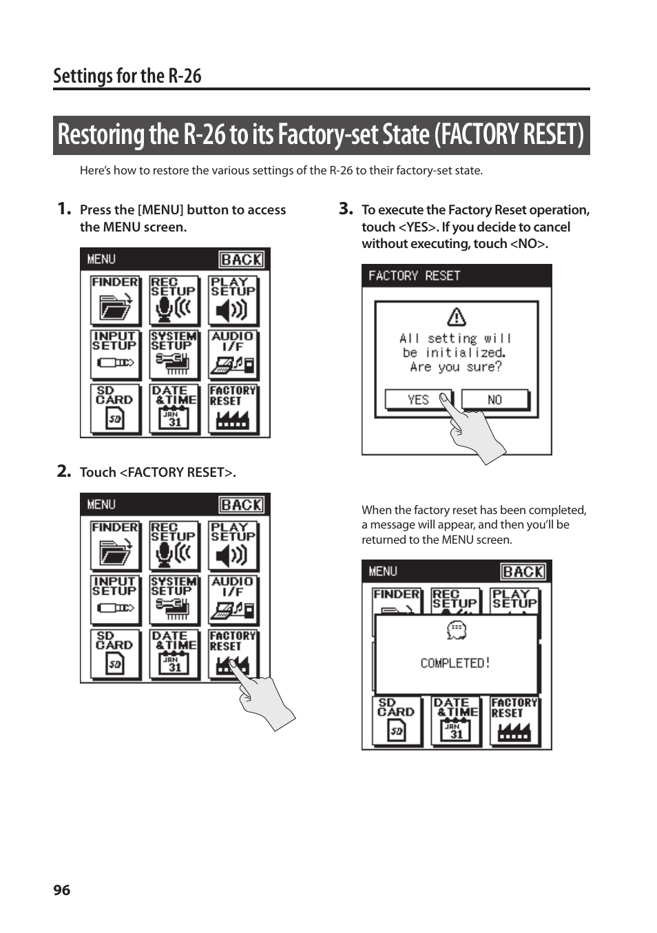 Ondition (p. 96), Settings for the r-26 | Roland Portable Recorded R-26 User Manual | Page 96 / 112