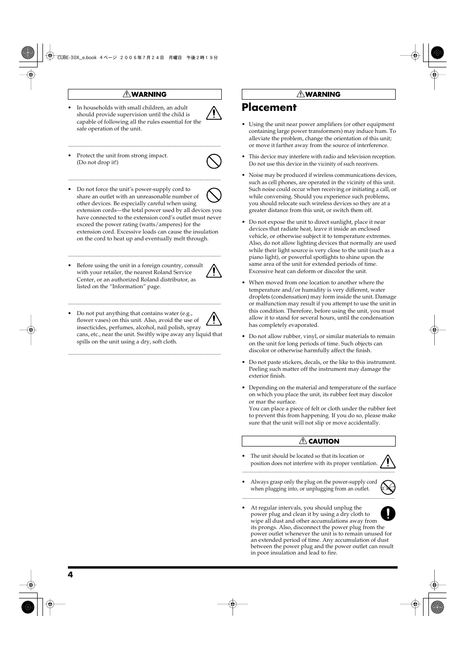 Placement | Roland CUBE-30X User Manual | Page 4 / 12