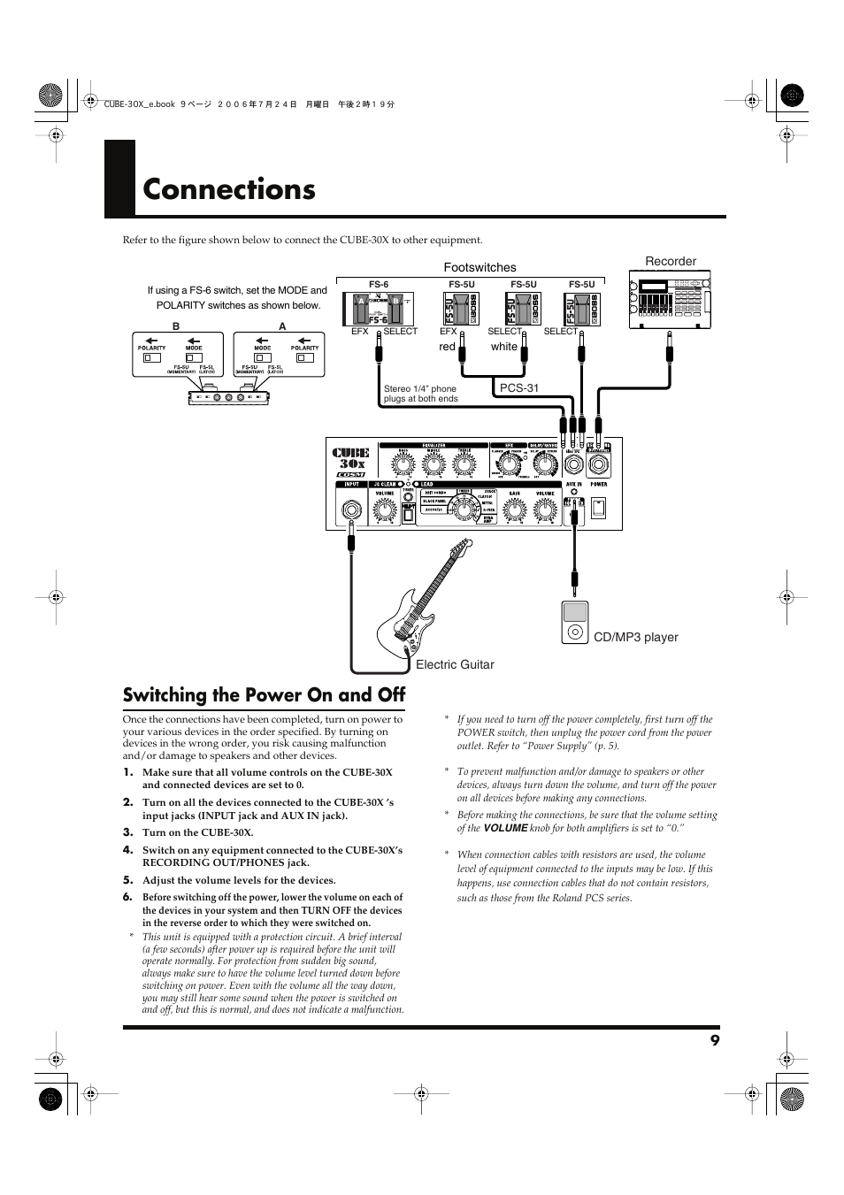 Connections, Switching the power on and off | Roland CUBE-30X User Manual | Page 9 / 12