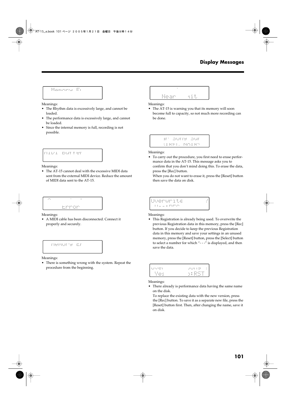 101 display messages | Roland AT15 User Manual | Page 101 / 120