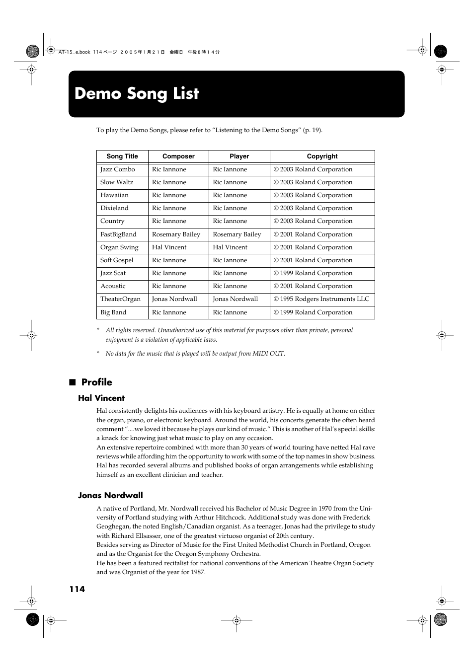 Demo song list, Profile | Roland AT15 User Manual | Page 114 / 120