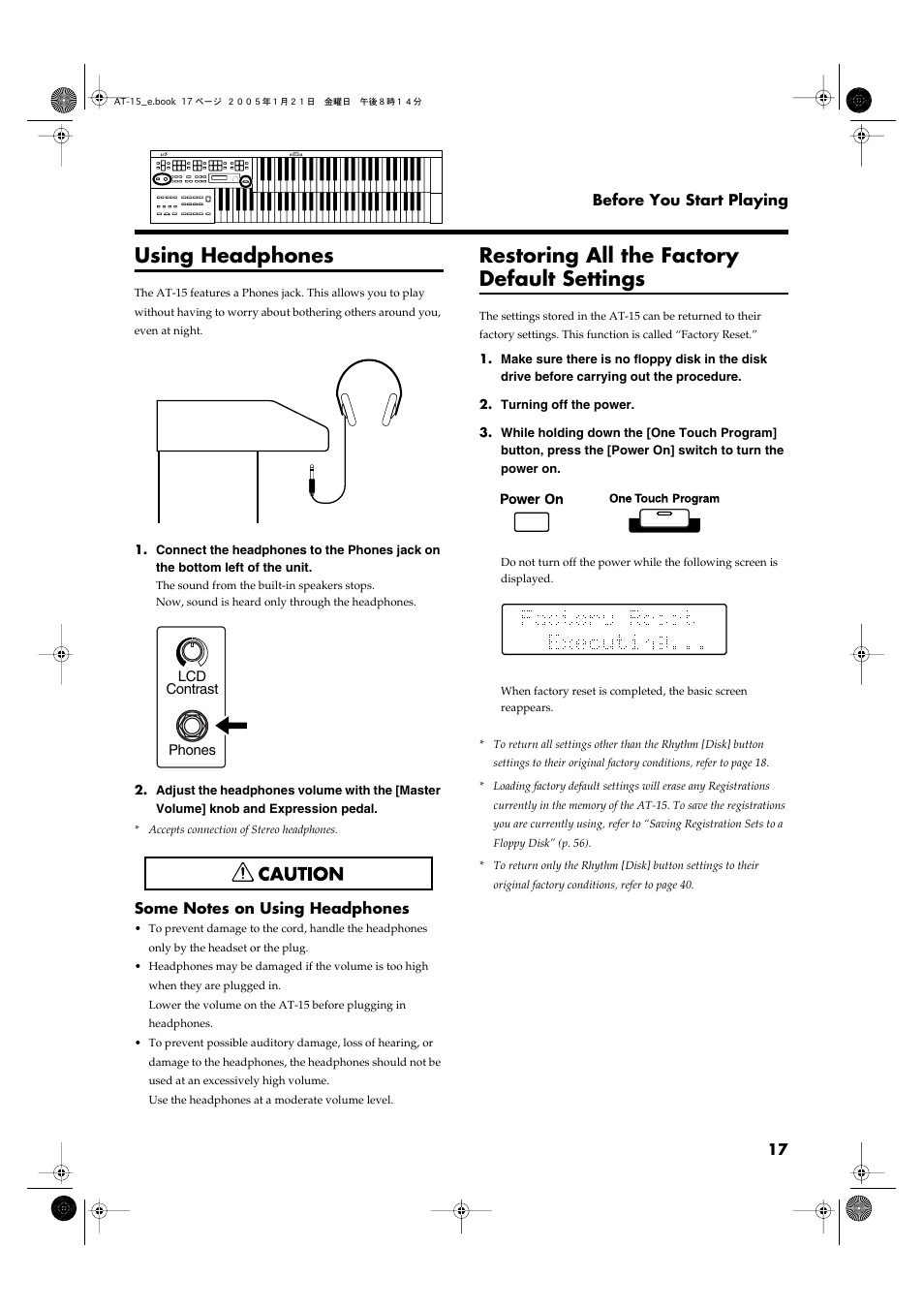 Using headphones, Restoring all the factory default settings | Roland AT15 User Manual | Page 17 / 120