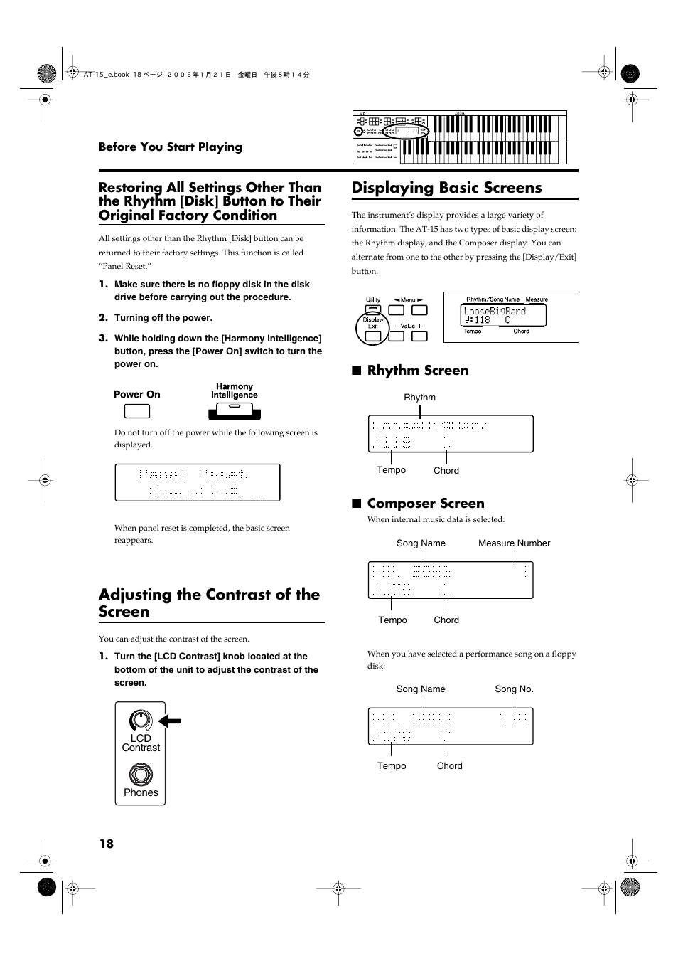 Adjusting the contrast of the screen, Displaying basic screens, Rhythm screen | Composer screen, Rhythm screen composer screen, P. 18) | Roland AT15 User Manual | Page 18 / 120