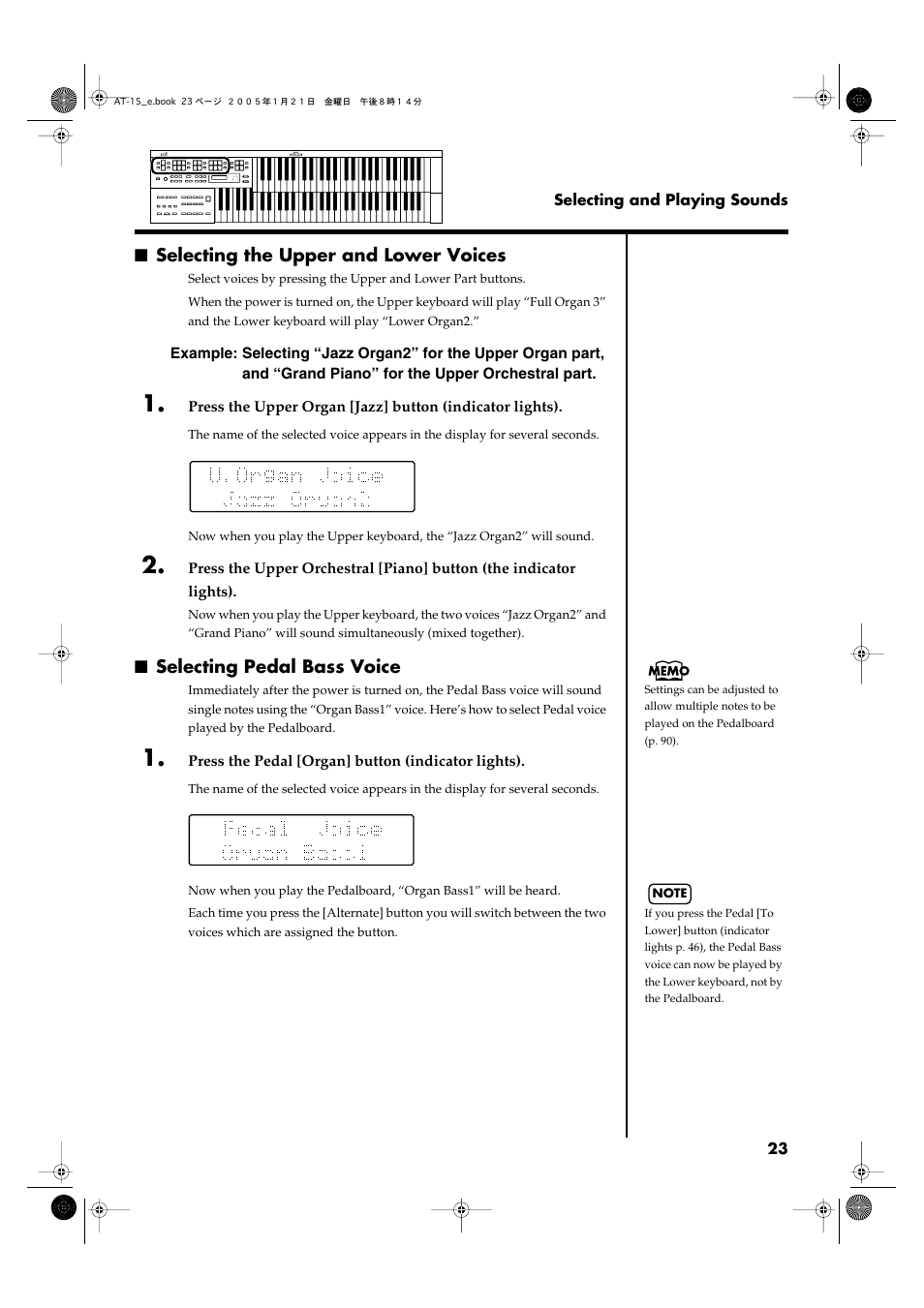 Selecting the upper and lower voices, Selecting pedal bass voice, P. 22, p. 23) | P. 23) | Roland AT15 User Manual | Page 23 / 120