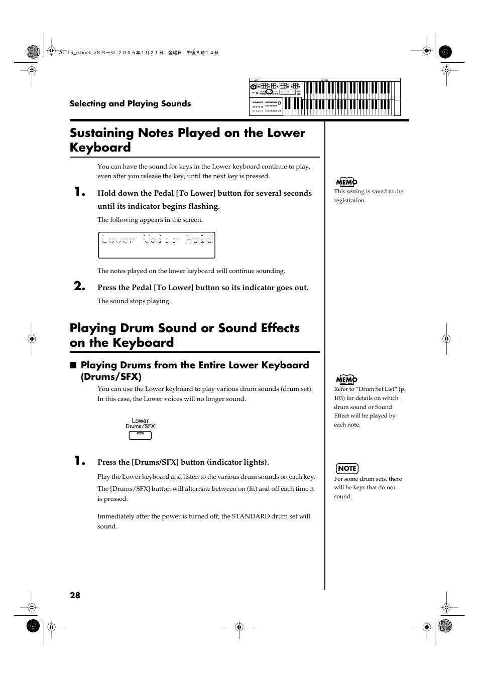 Sustaining notes played on the lower keyboard, P. 28) | Roland AT15 User Manual | Page 28 / 120