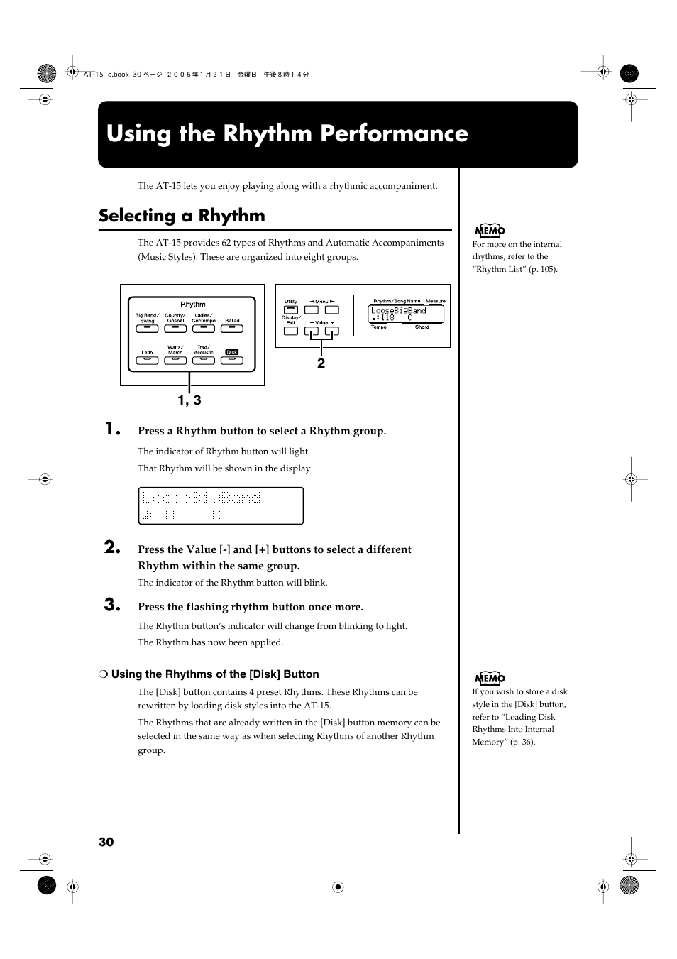 Using the rhythm performance, Selecting a rhythm, P. 30) | Roland AT15 User Manual | Page 30 / 120