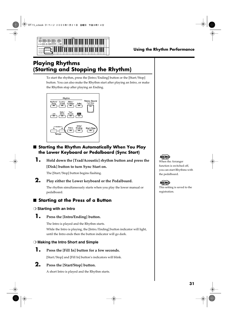 Playing rhythms (starting and stopping the rhythm), Starting at the press of a button, P. 31) | Roland AT15 User Manual | Page 31 / 120