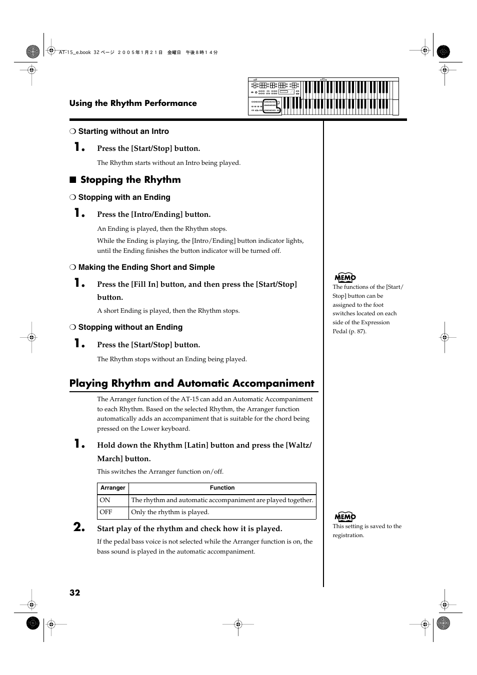 Stopping the rhythm, Playing rhythm and automatic accompaniment | Roland AT15 User Manual | Page 32 / 120