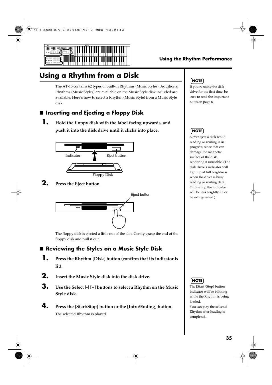 Using a rhythm from a disk, Inserting and ejecting a floppy disk, Reviewing the styles on a music style disk | P. 35) | Roland AT15 User Manual | Page 35 / 120