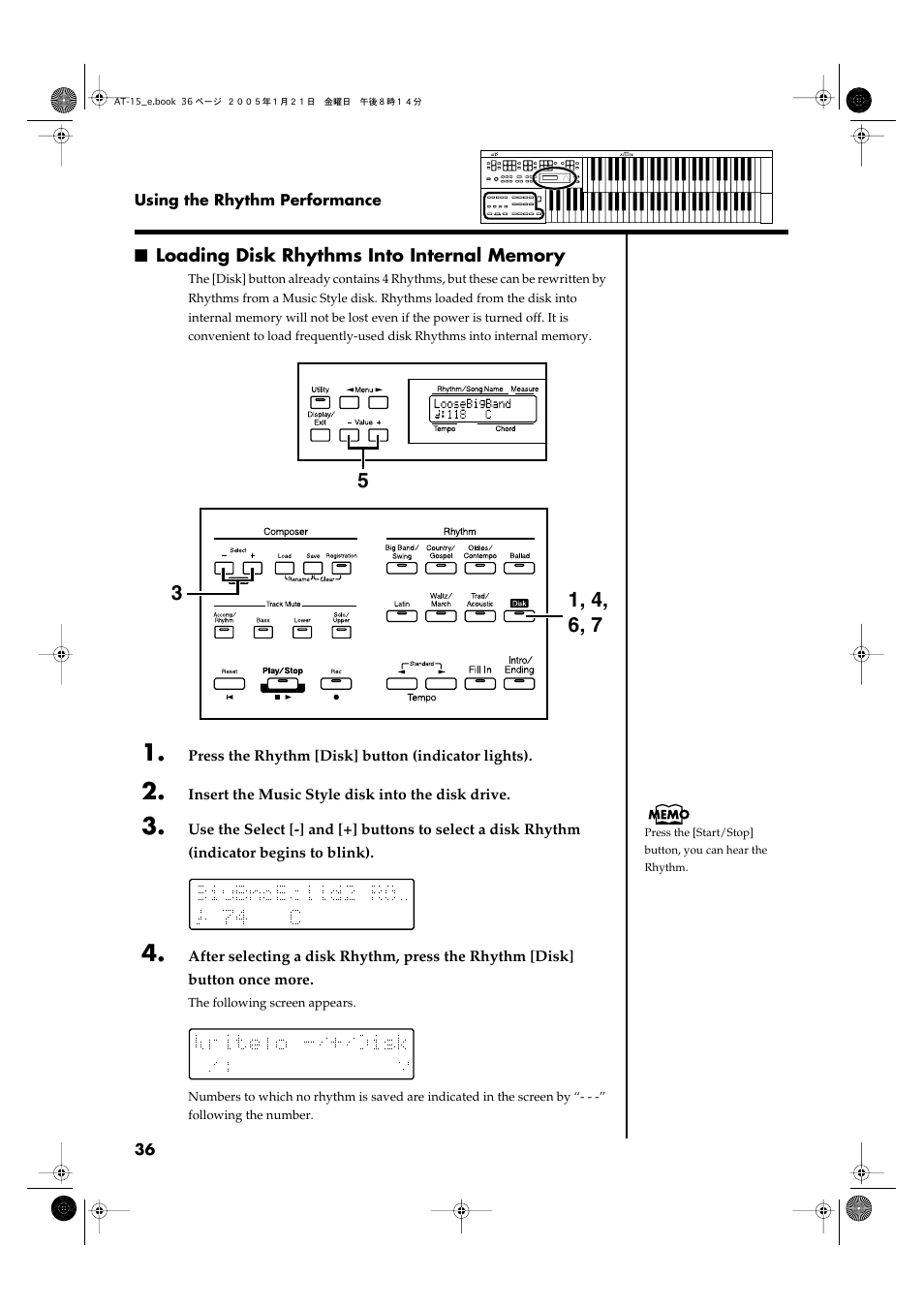 Loading disk rhythms into internal memory | Roland AT15 User Manual | Page 36 / 120