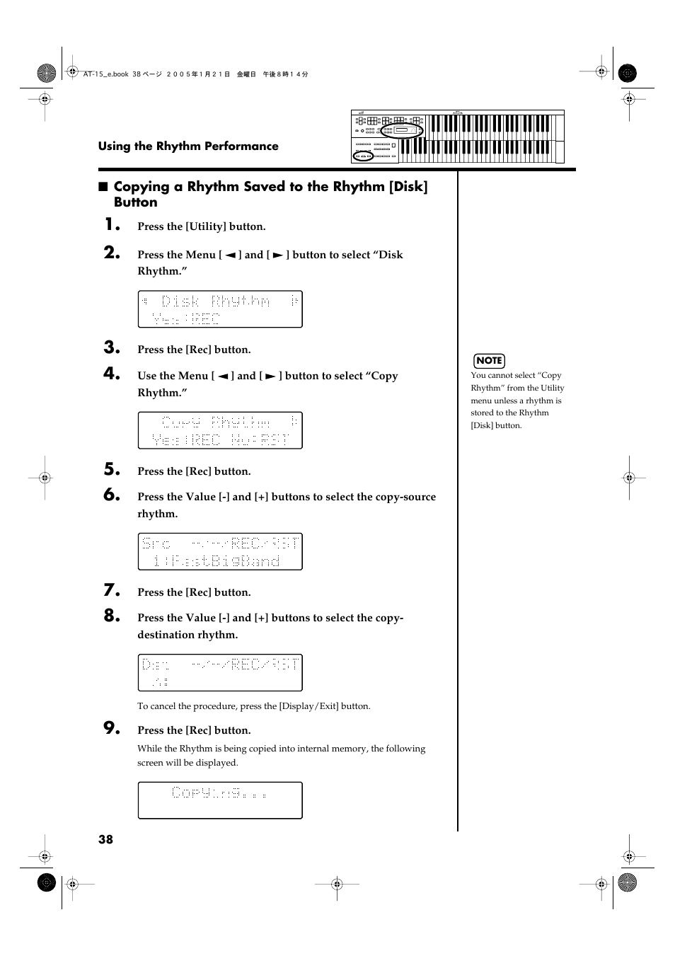 Copying a rhythm saved to the rhythm [disk] button | Roland AT15 User Manual | Page 38 / 120