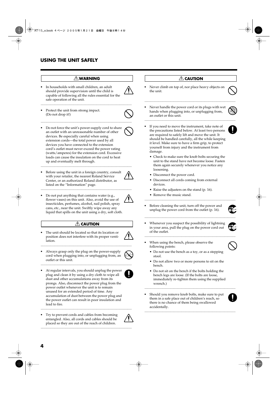 4 using the unit safely | Roland AT15 User Manual | Page 4 / 120