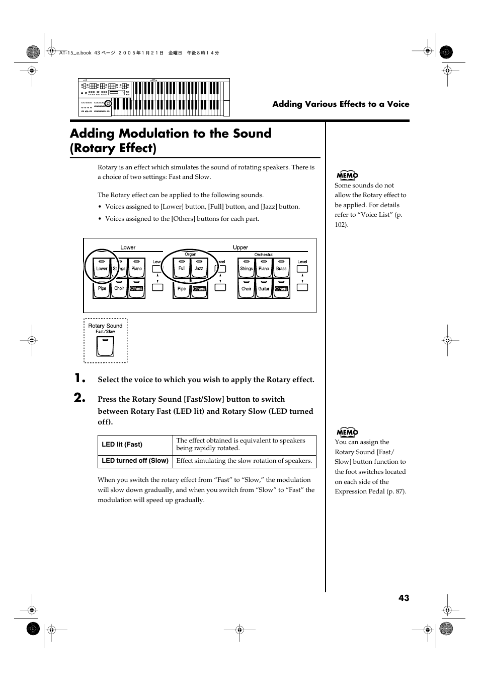 Adding modulation to the sound (rotary effect), P. 43) | Roland AT15 User Manual | Page 43 / 120