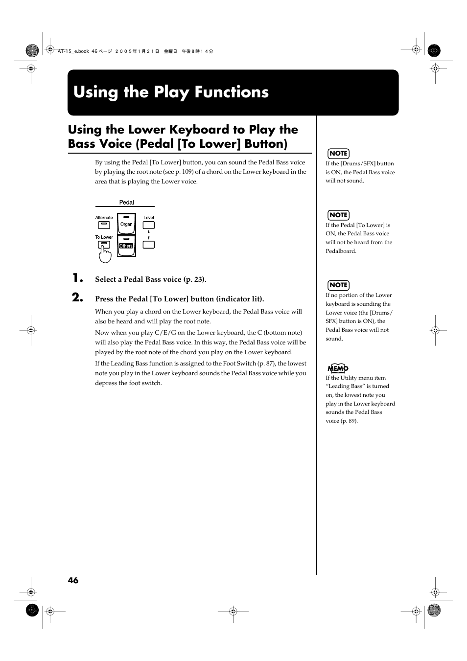 Using the play functions, P. 46) | Roland AT15 User Manual | Page 46 / 120