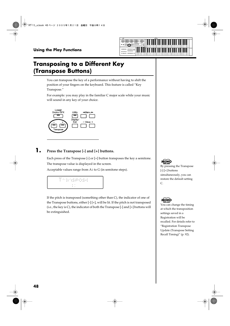 Transposing to a different key (transpose buttons), P. 48) | Roland AT15 User Manual | Page 48 / 120