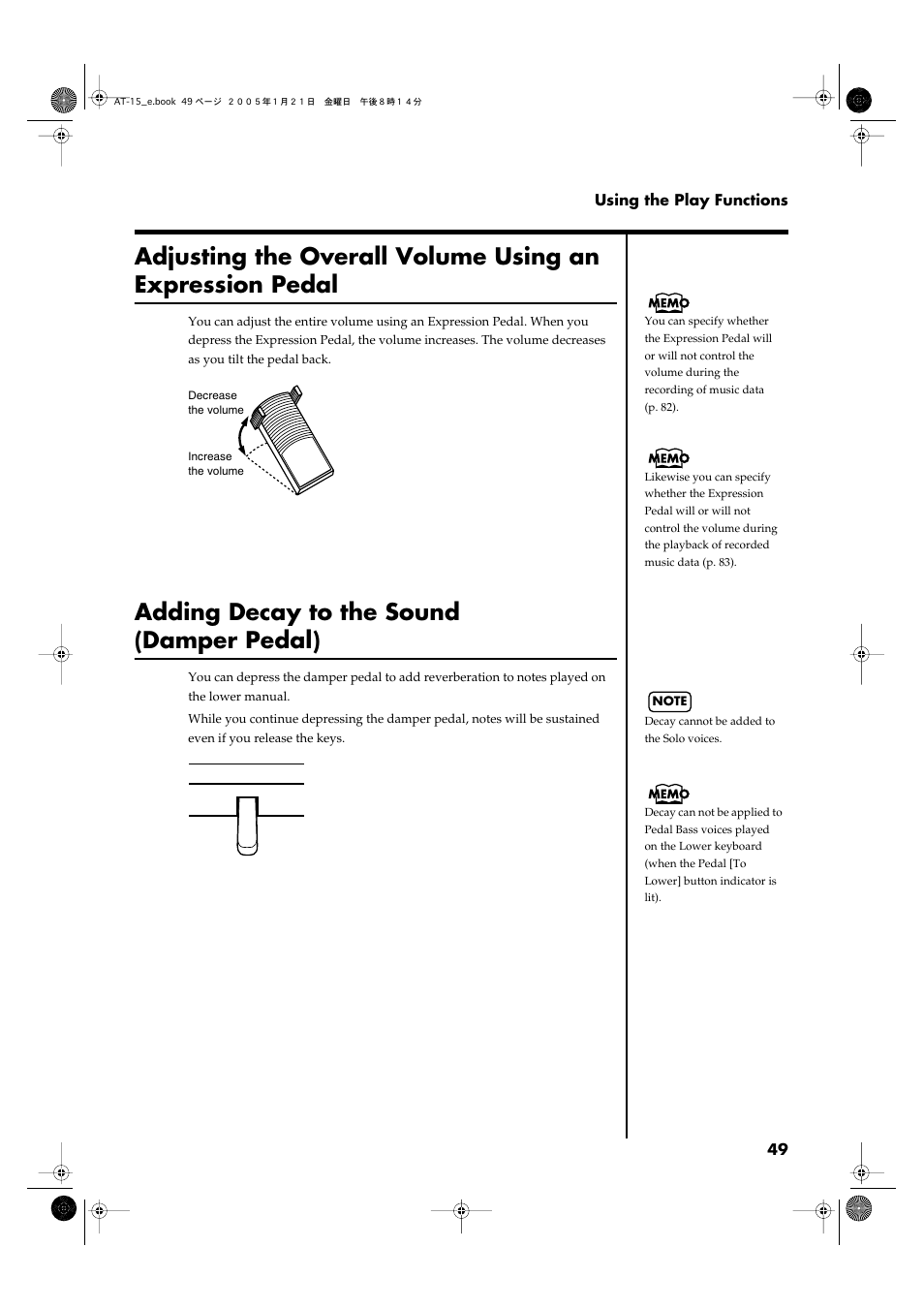 Adding decay to the sound (damper pedal) | Roland AT15 User Manual | Page 49 / 120