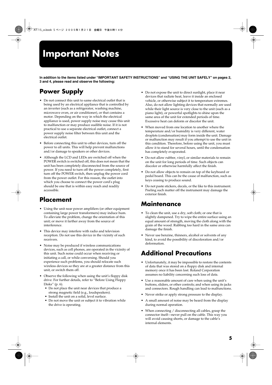 Important notes, Power supply, Placement | Maintenance, Additional precautions | Roland AT15 User Manual | Page 5 / 120