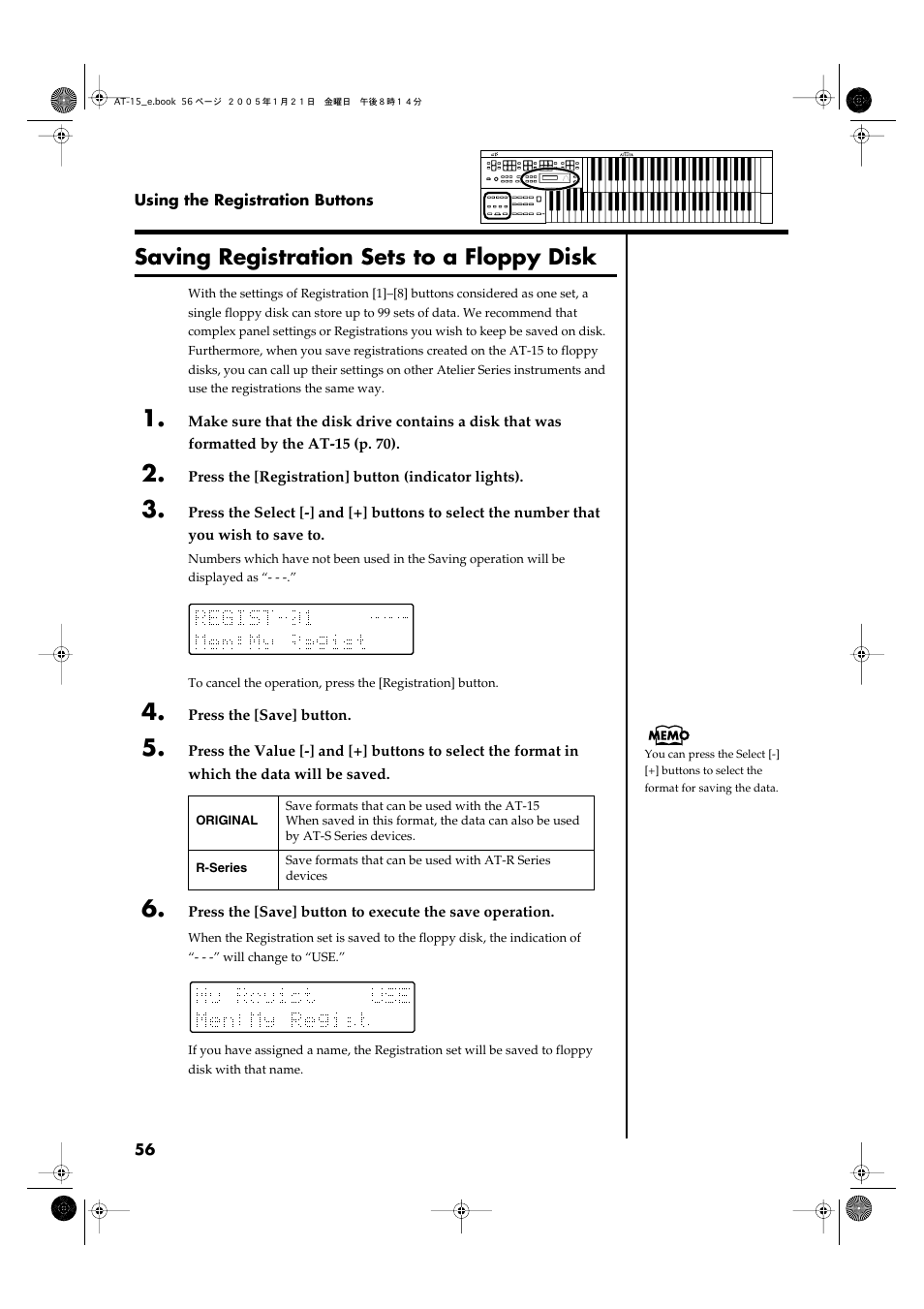 Saving registration sets to a floppy disk, P. 56, p. 73), Floppy disk” (p. 56) | Roland AT15 User Manual | Page 56 / 120