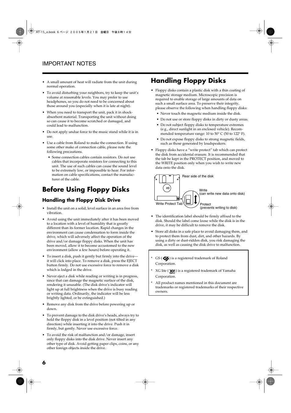 Before using floppy disks, Handling floppy disks, Handling the floppy disk drive | Roland AT15 User Manual | Page 6 / 120