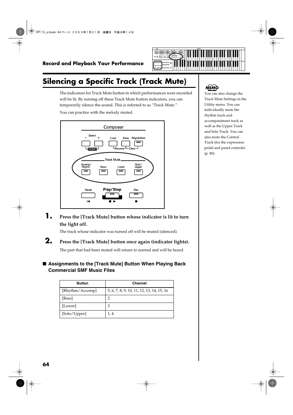 Silencing a specific track (track mute), P. 64) | Roland AT15 User Manual | Page 64 / 120