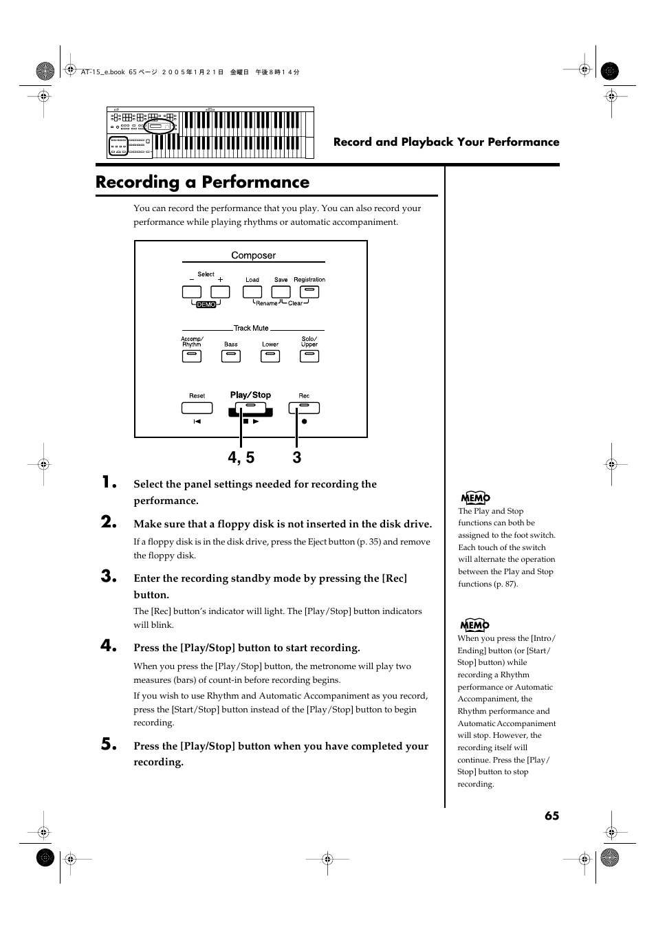 Recording a performance | Roland AT15 User Manual | Page 65 / 120