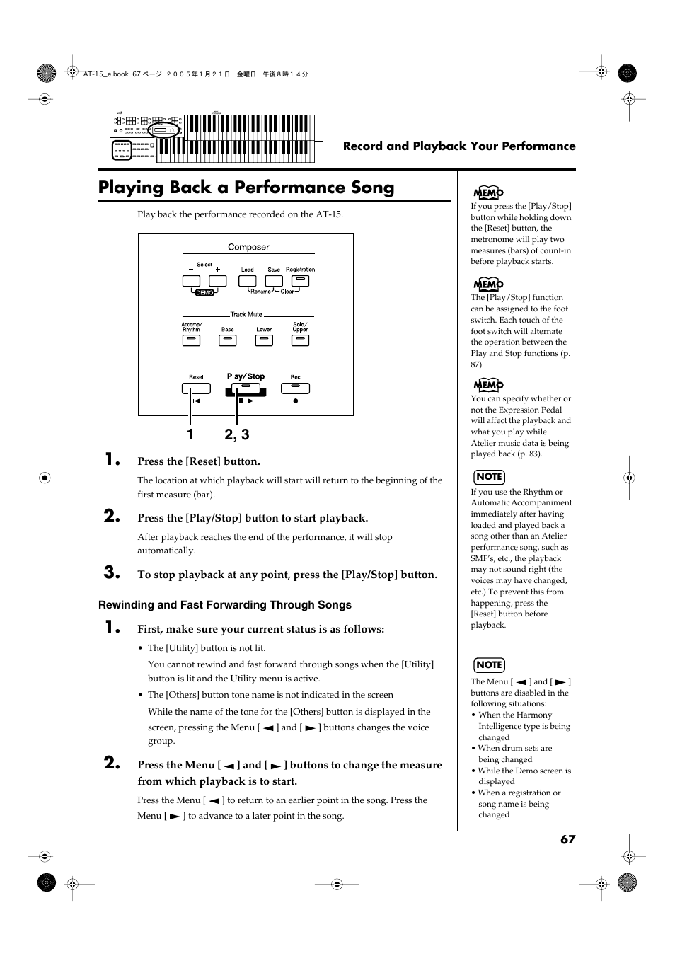 Playing back a performance song, P. 62, p. 67) | Roland AT15 User Manual | Page 67 / 120