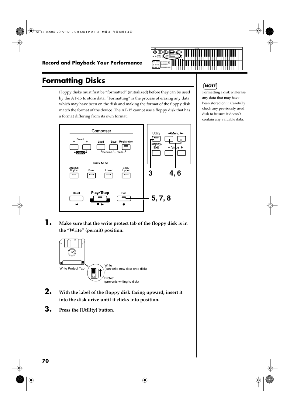 Formatting disks | Roland AT15 User Manual | Page 70 / 120