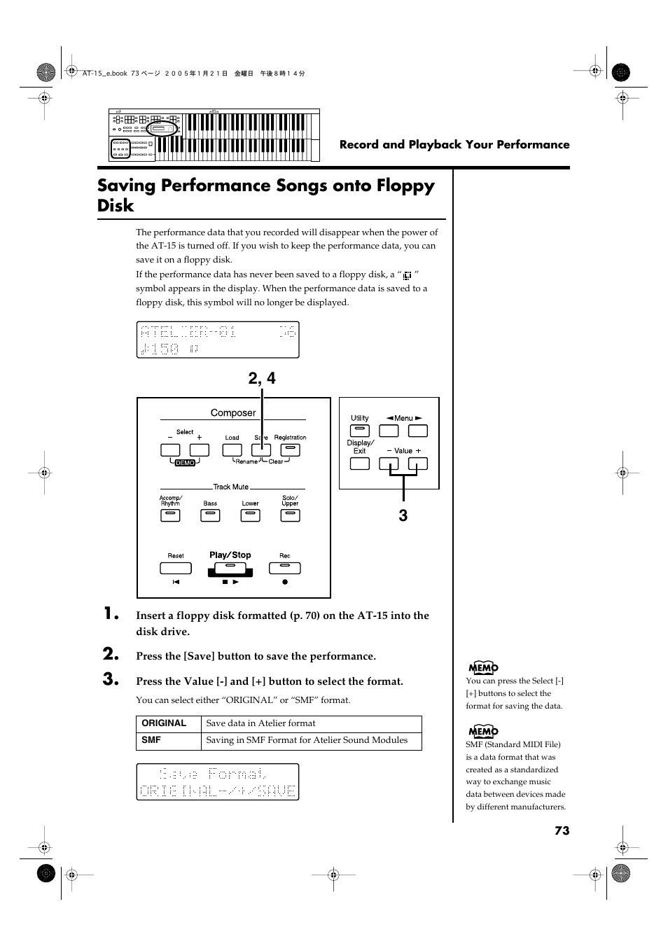 Saving performance songs onto floppy disk | Roland AT15 User Manual | Page 73 / 120