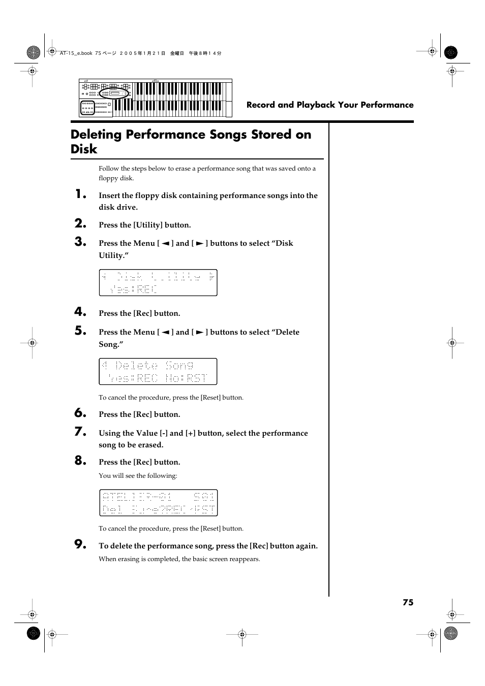 Deleting performance songs stored on disk | Roland AT15 User Manual | Page 75 / 120