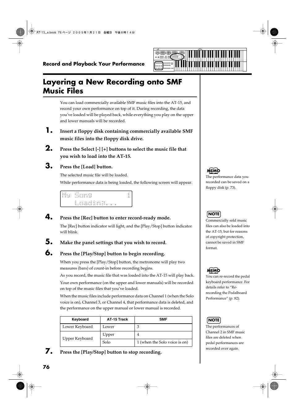 Layering a new recording onto smf music files, P. 58, p. 59, p. 76, p. 77), P. 65, p. 68, p. 76, p. 77) | Roland AT15 User Manual | Page 76 / 120