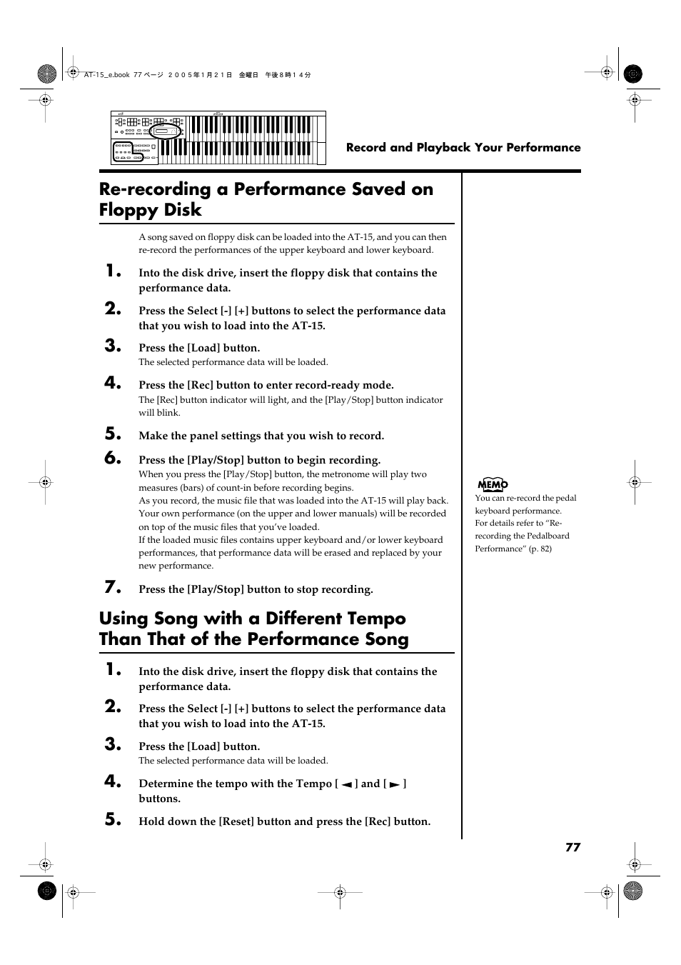 Re-recording a performance saved on floppy disk | Roland AT15 User Manual | Page 77 / 120