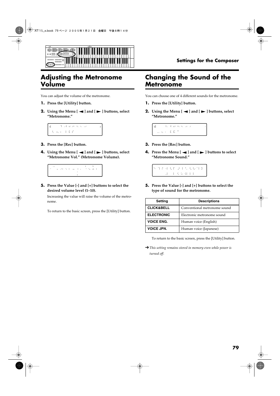 Adjusting the metronome volume, Changing the sound of the metronome | Roland AT15 User Manual | Page 79 / 120