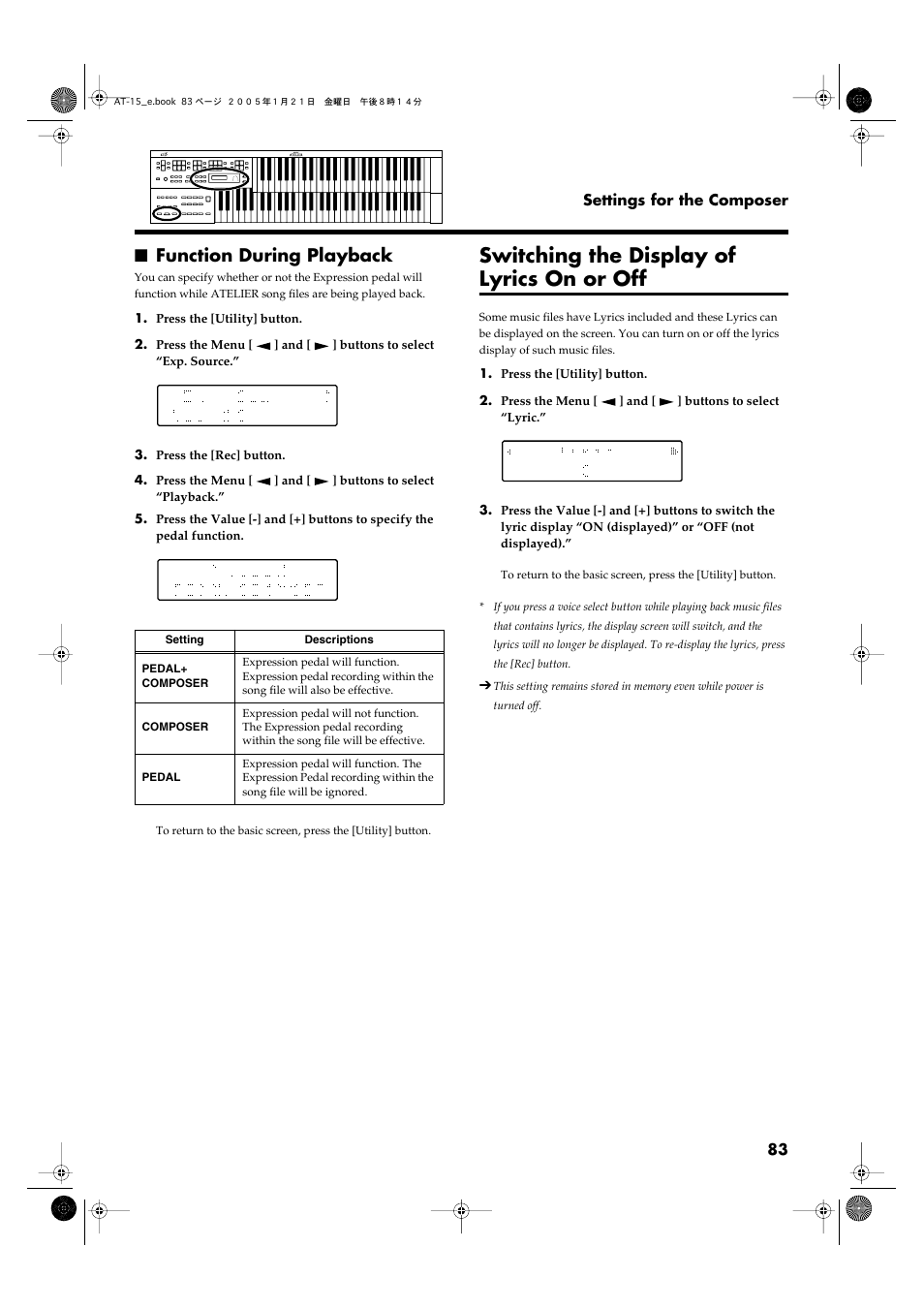 Function during playback, Switching the display of lyrics on or off | Roland AT15 User Manual | Page 83 / 120