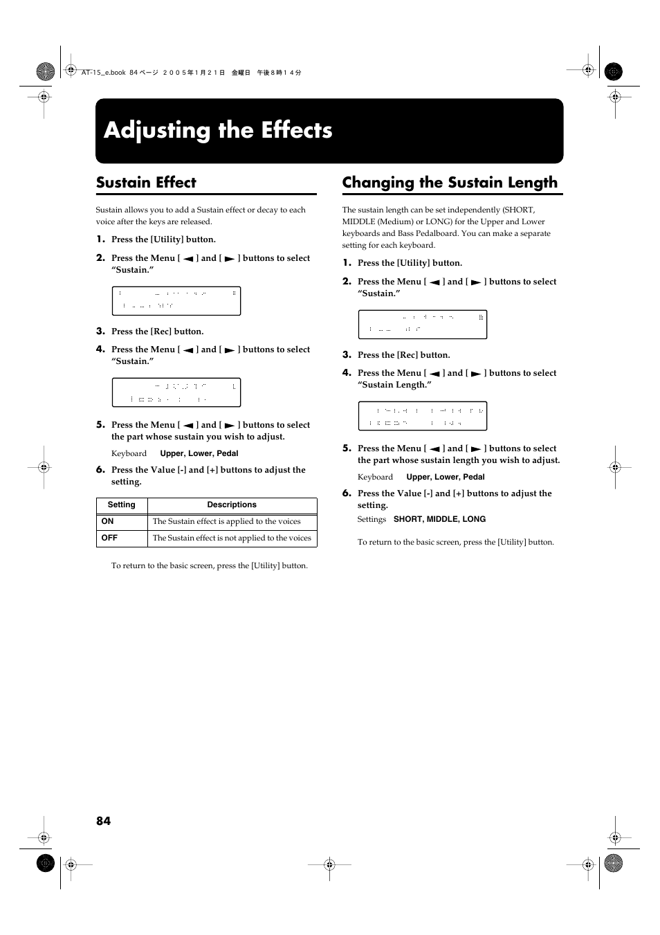 Adjusting the effects, Sustain effect, Changing the sustain length | Roland AT15 User Manual | Page 84 / 120