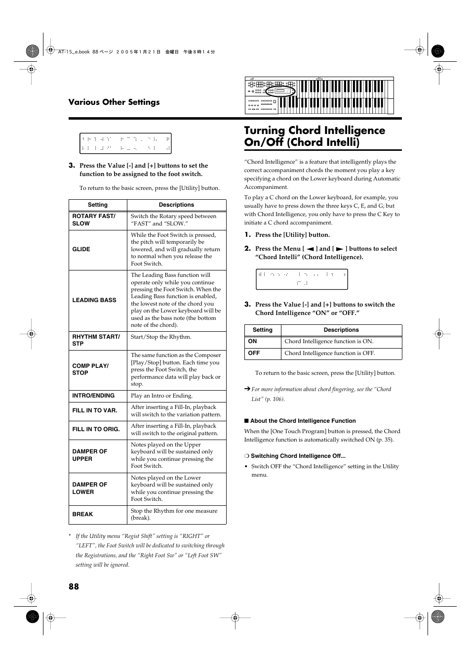 Turning chord intelligence on/off (chord intelli), Chord intelligence function is on (p. 88) | Roland AT15 User Manual | Page 88 / 120