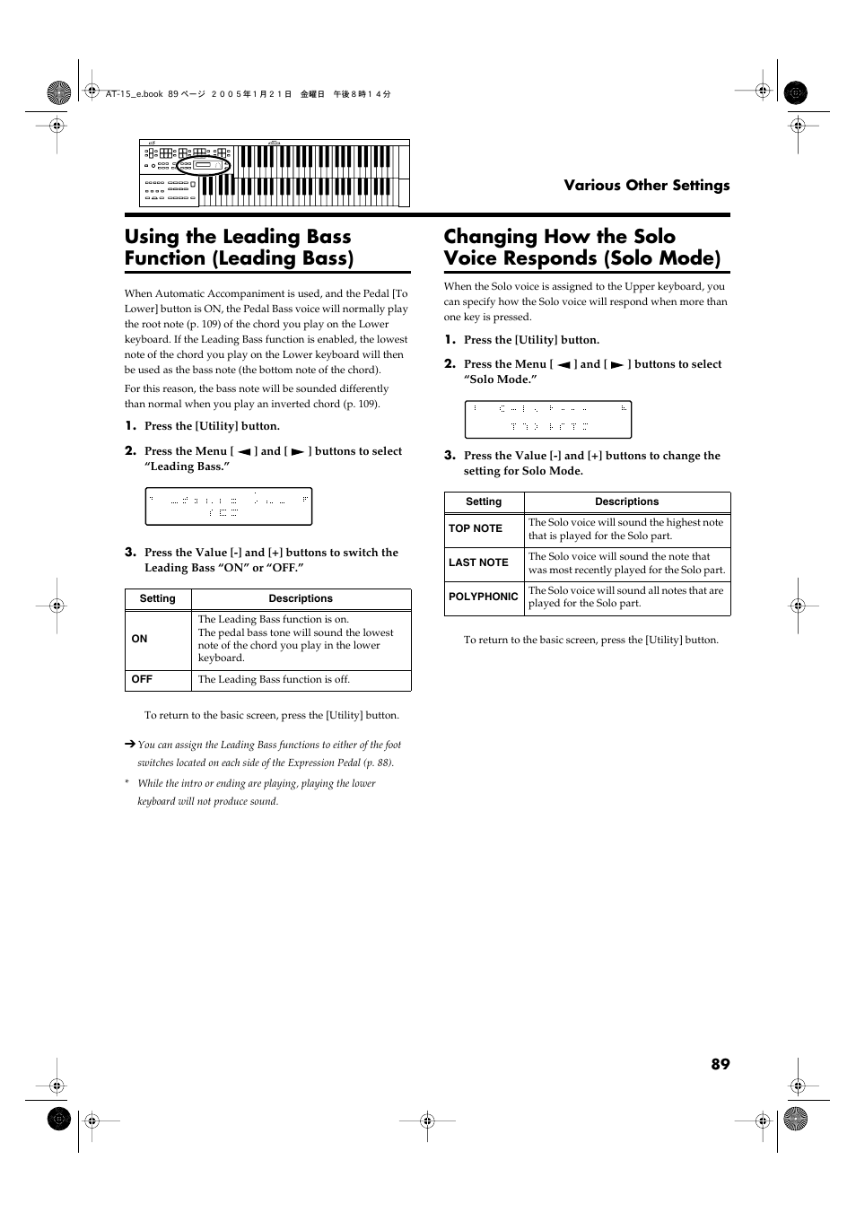 Using the leading bass function (leading bass), Changing how the solo voice responds (solo mode), Voice (p. 89) | Solo voice will sound (p. 89) | Roland AT15 User Manual | Page 89 / 120