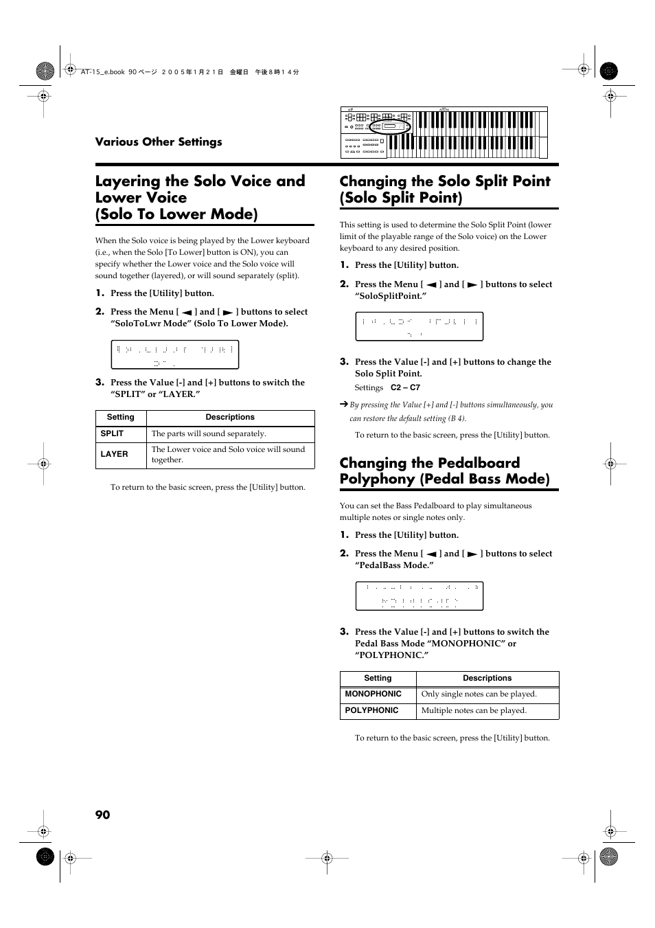 Changing the solo split point (solo split point), Split point (p. 90), Together (p. 90) | Solo split point (solo split point), Changing the | Roland AT15 User Manual | Page 90 / 120