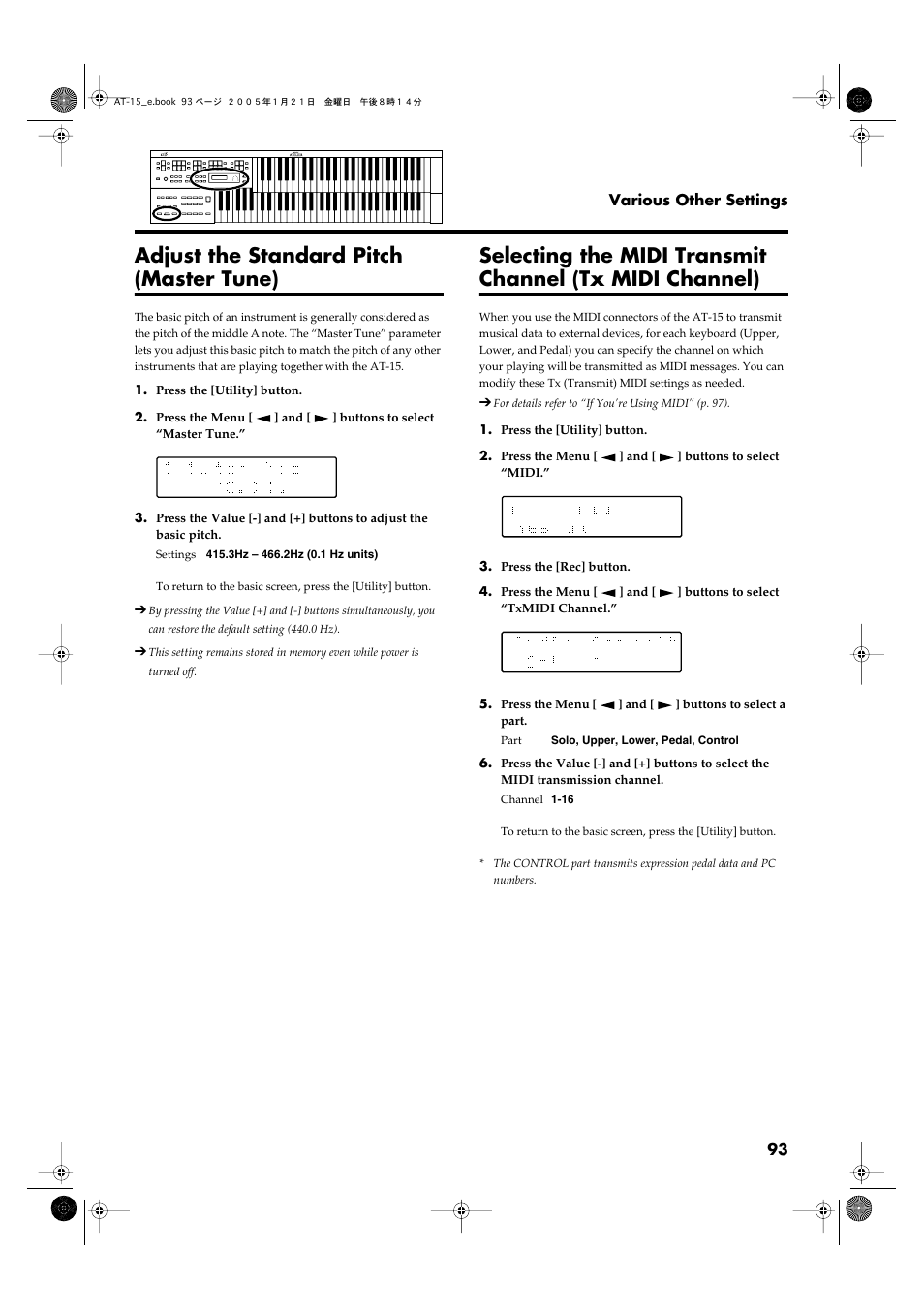 Adjust the standard pitch (master tune) | Roland AT15 User Manual | Page 93 / 120