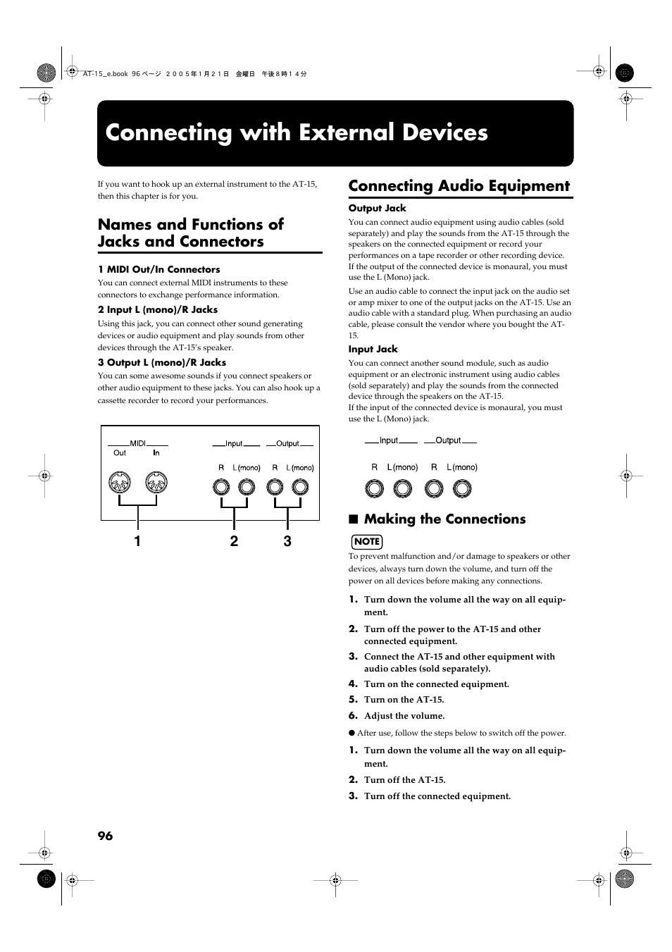 Connecting with external devices, Names and functions of jacks and connectors, Connecting audio equipment | Making the connections | Roland AT15 User Manual | Page 96 / 120