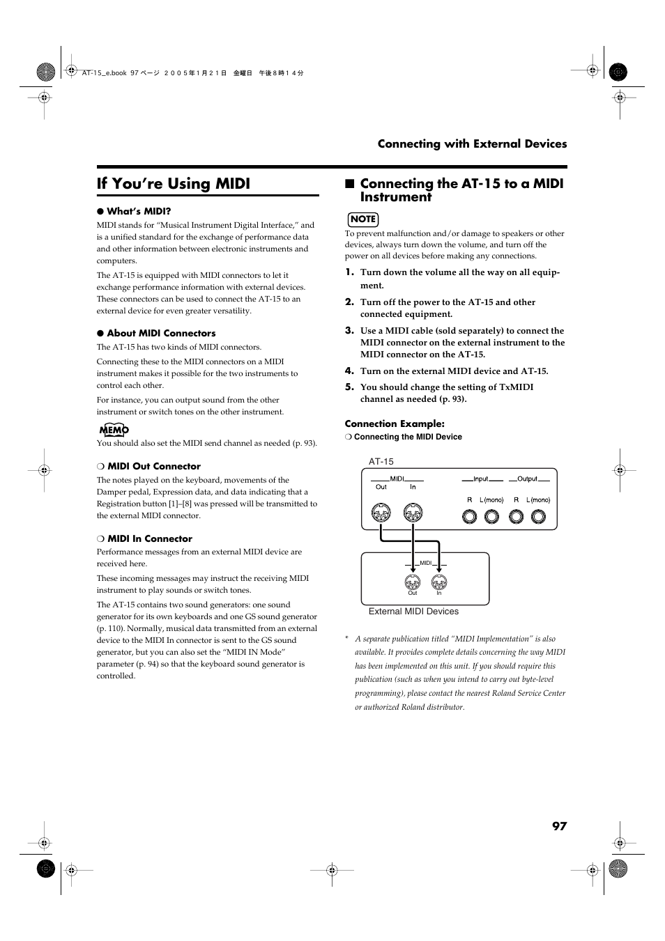 If you’re using midi, Connecting the at-15 to a midi instrument | Roland AT15 User Manual | Page 97 / 120