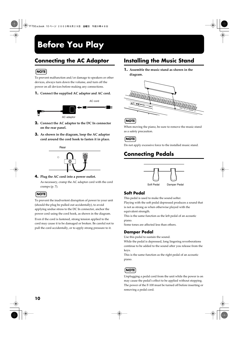 Before you play, Connecting the ac adaptor, Installing the music stand | Connecting pedals | Roland F-100 User Manual | Page 10 / 44